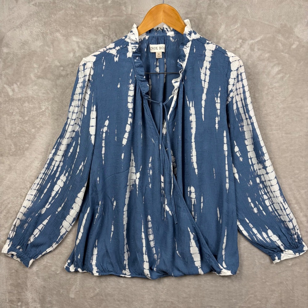 Knox Rose Blouse Top XL Tie Dye Ruffle Neck Wrap Front Textured Boho Coastal